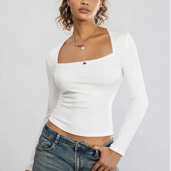 Rouje Tops - Rouje Ivanka Ribbed White Long Sleeve Top with Red Rose